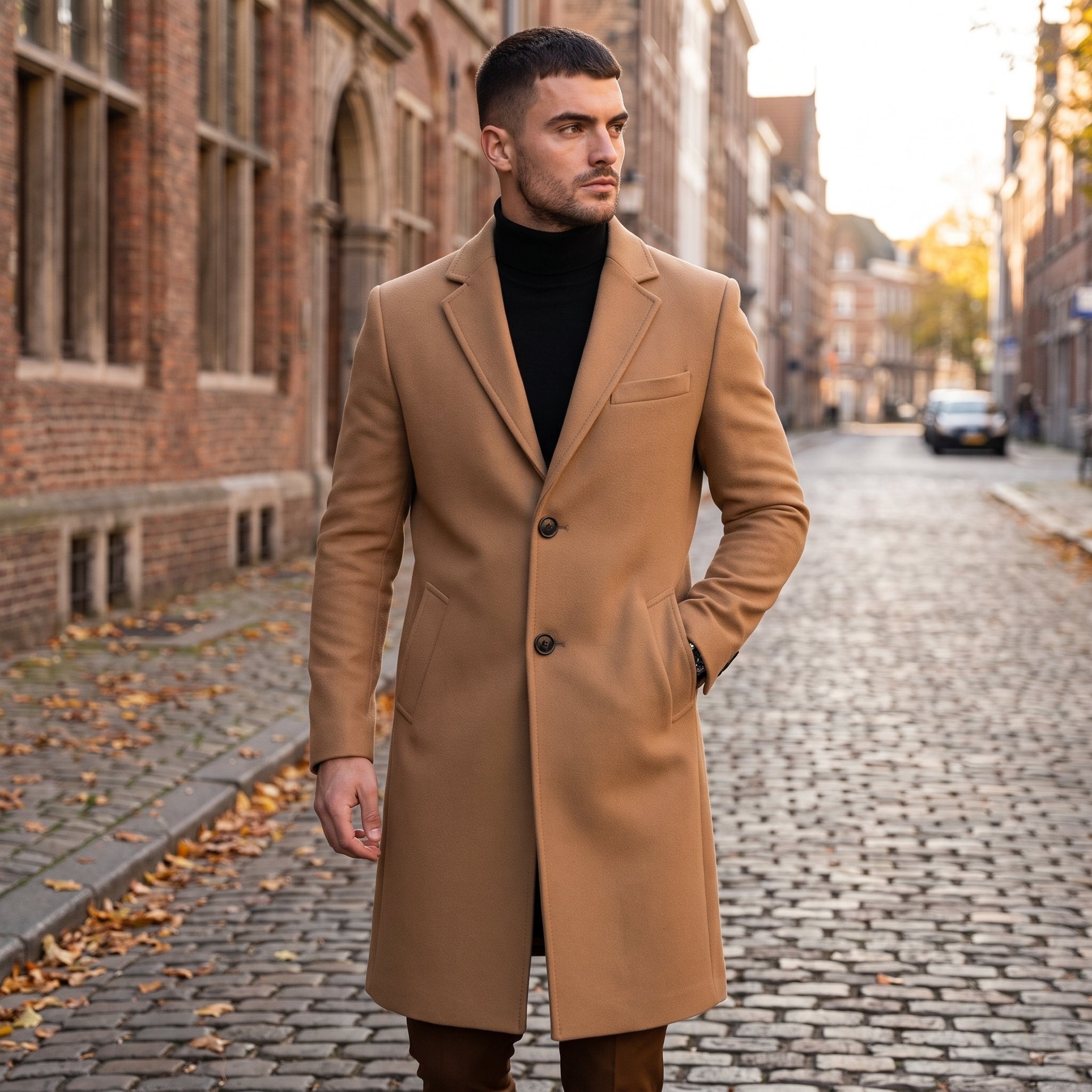 Men's Long Coat Single-Breasted Two-Button Closure - in-use