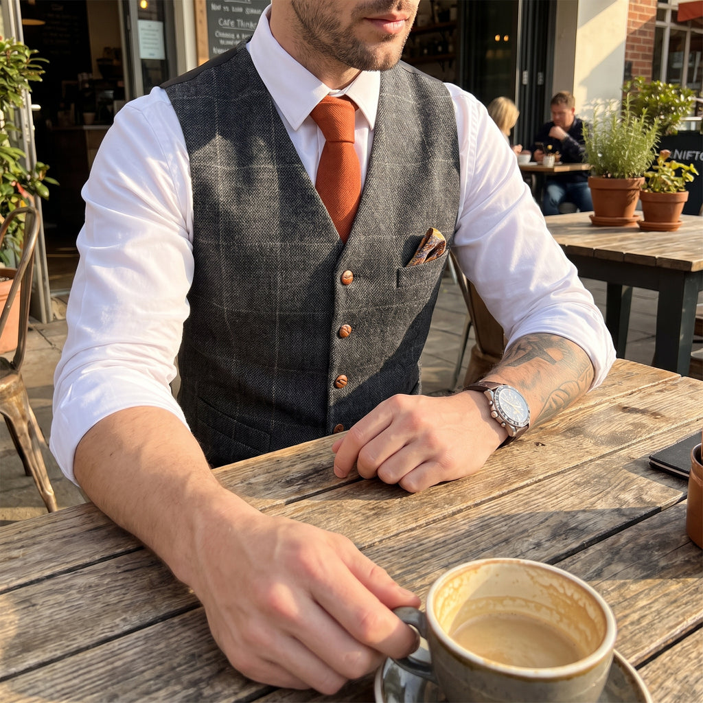 Tweed Vest Slim Fit Button-Up Pocket Waistcoat Casual - in-use