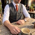 Tweed Vest Slim Fit Button-Up Pocket Waistcoat Casual - in-use