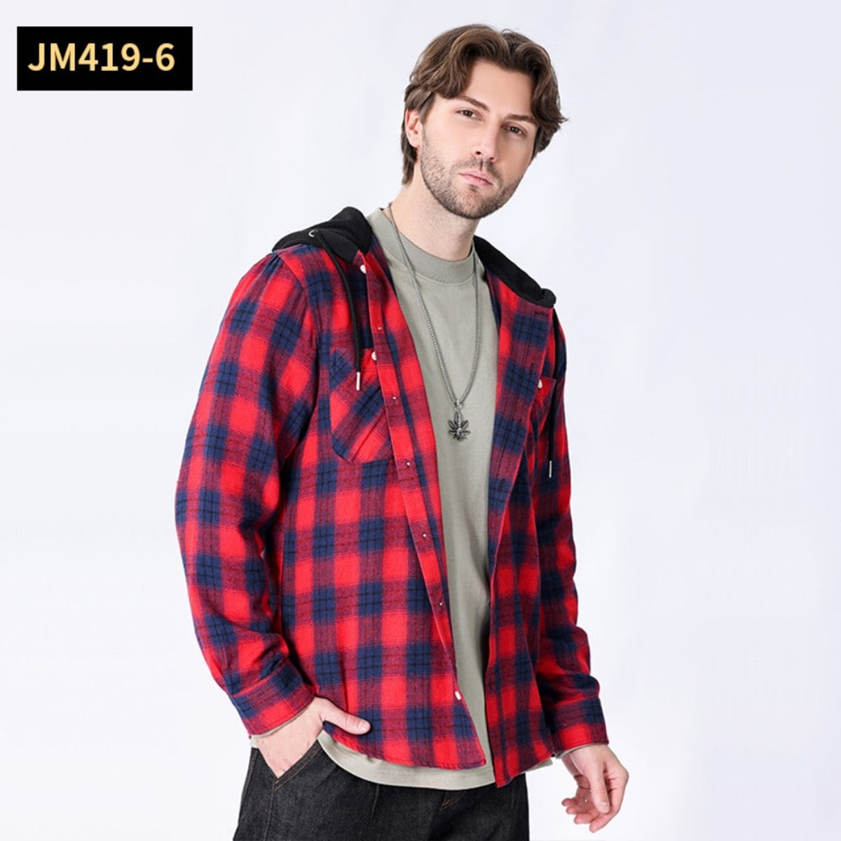 Men Shacket with Relaxed Hooded Button-Down and Plaid Pattern - Image 1