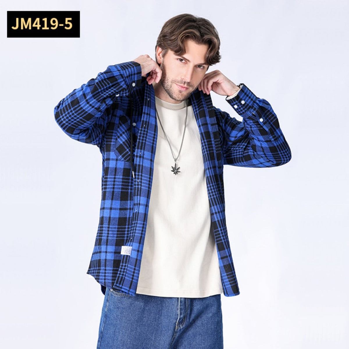 Men Shacket with Relaxed Hooded Button-Down and Plaid Pattern - Image 6