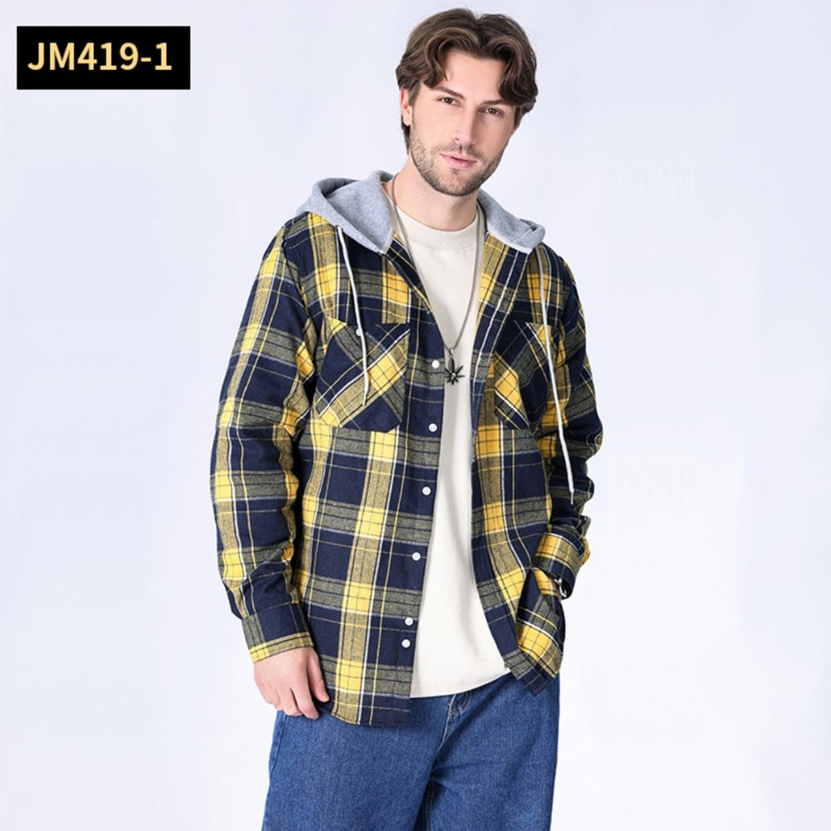 Men Shacket with Relaxed Hooded Button-Down and Plaid Pattern - Image 10