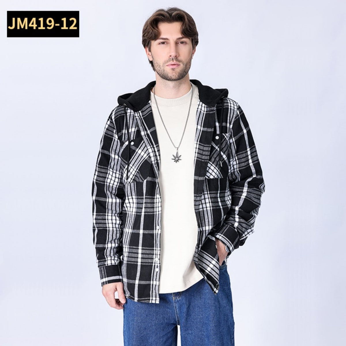 Men Shacket with Relaxed Hooded Button-Down and Plaid Pattern - Image 9