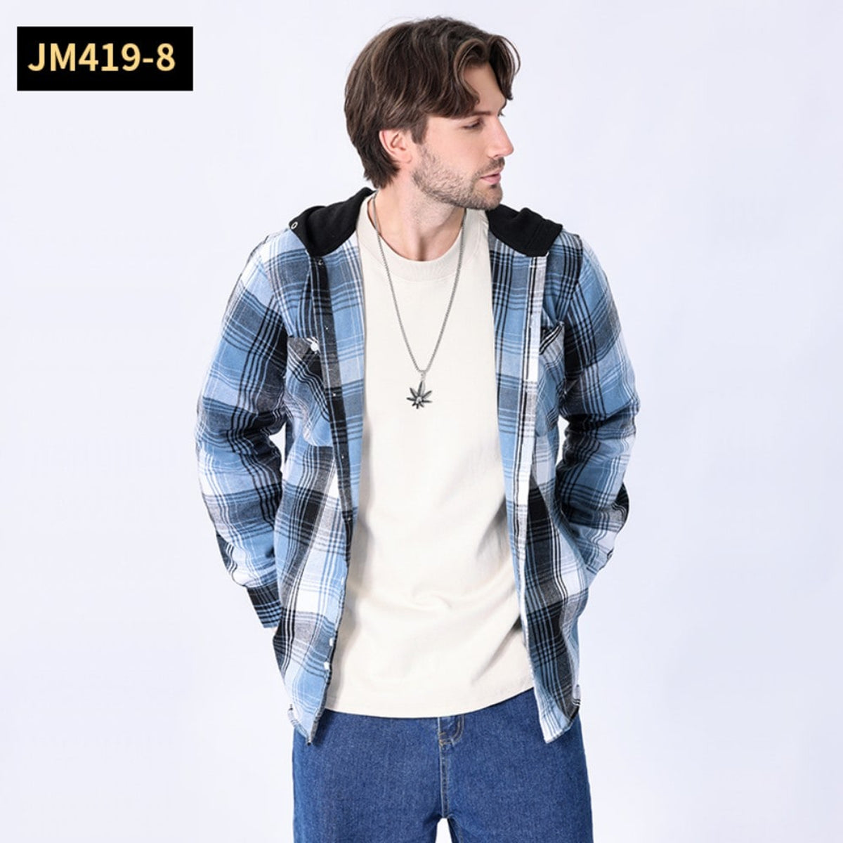 Men Shacket with Relaxed Hooded Button-Down and Plaid Pattern - Image 3