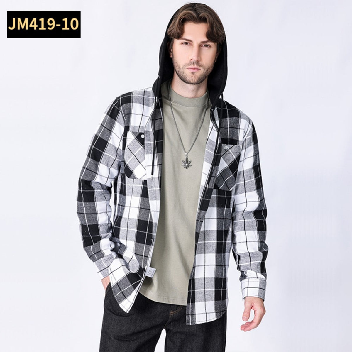 Men Shacket with Relaxed Hooded Button-Down and Plaid Pattern - Image 11