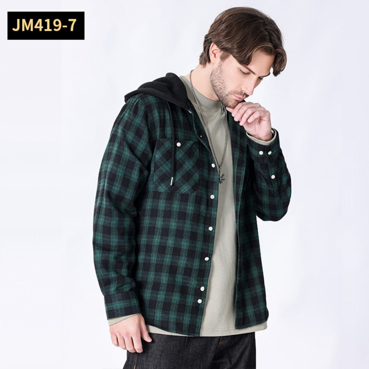Men Shacket with Relaxed Hooded Button-Down and Plaid Pattern - Image 2