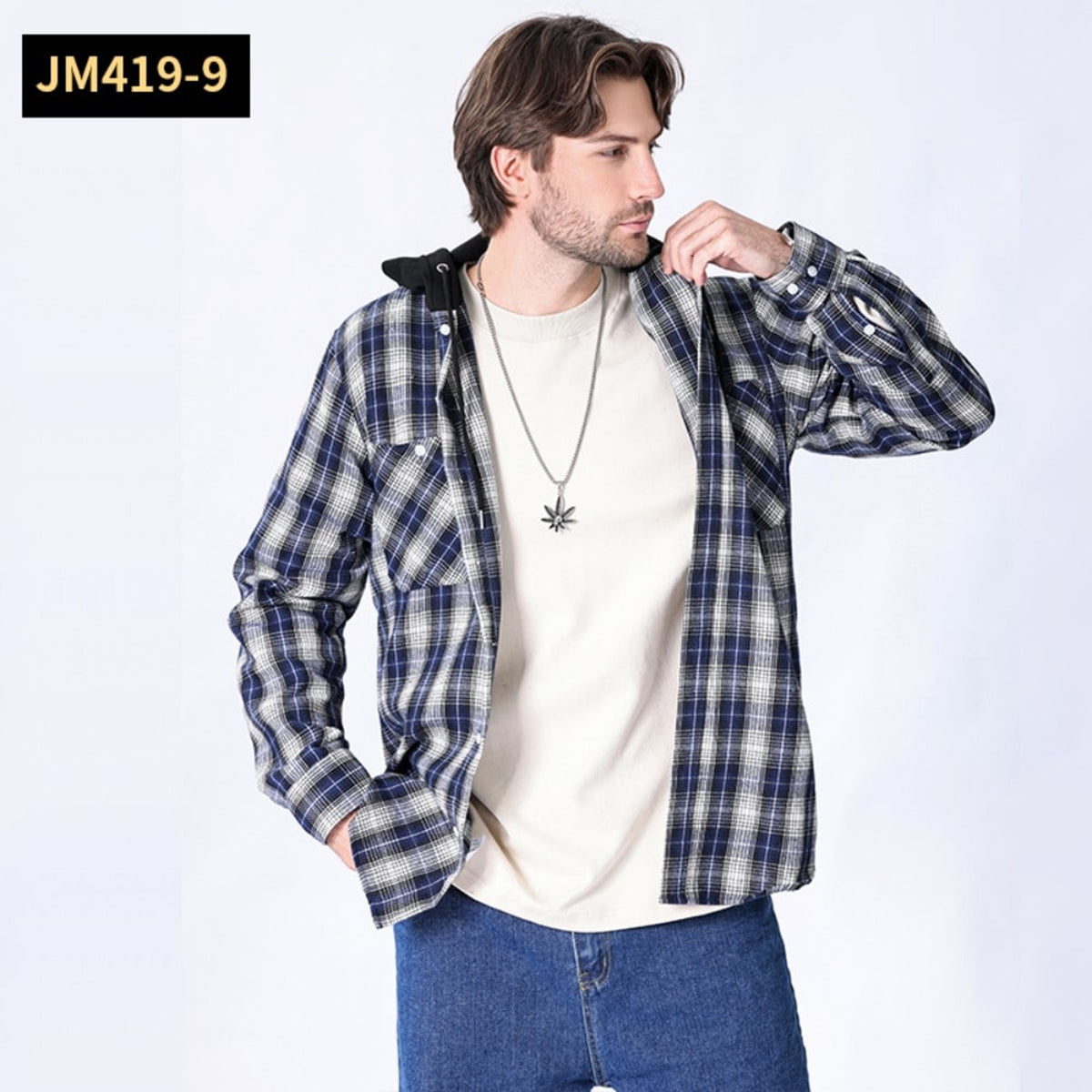 Men Shacket with Relaxed Hooded Button-Down and Plaid Pattern - Image 5