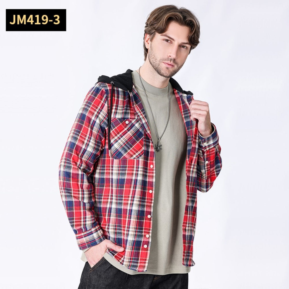 Men Shacket with Relaxed Hooded Button-Down and Plaid Pattern - Image 8