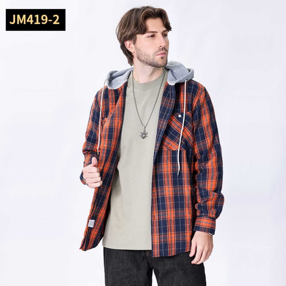 Men Shacket with Relaxed Hooded Button-Down and Plaid Pattern - Image 7