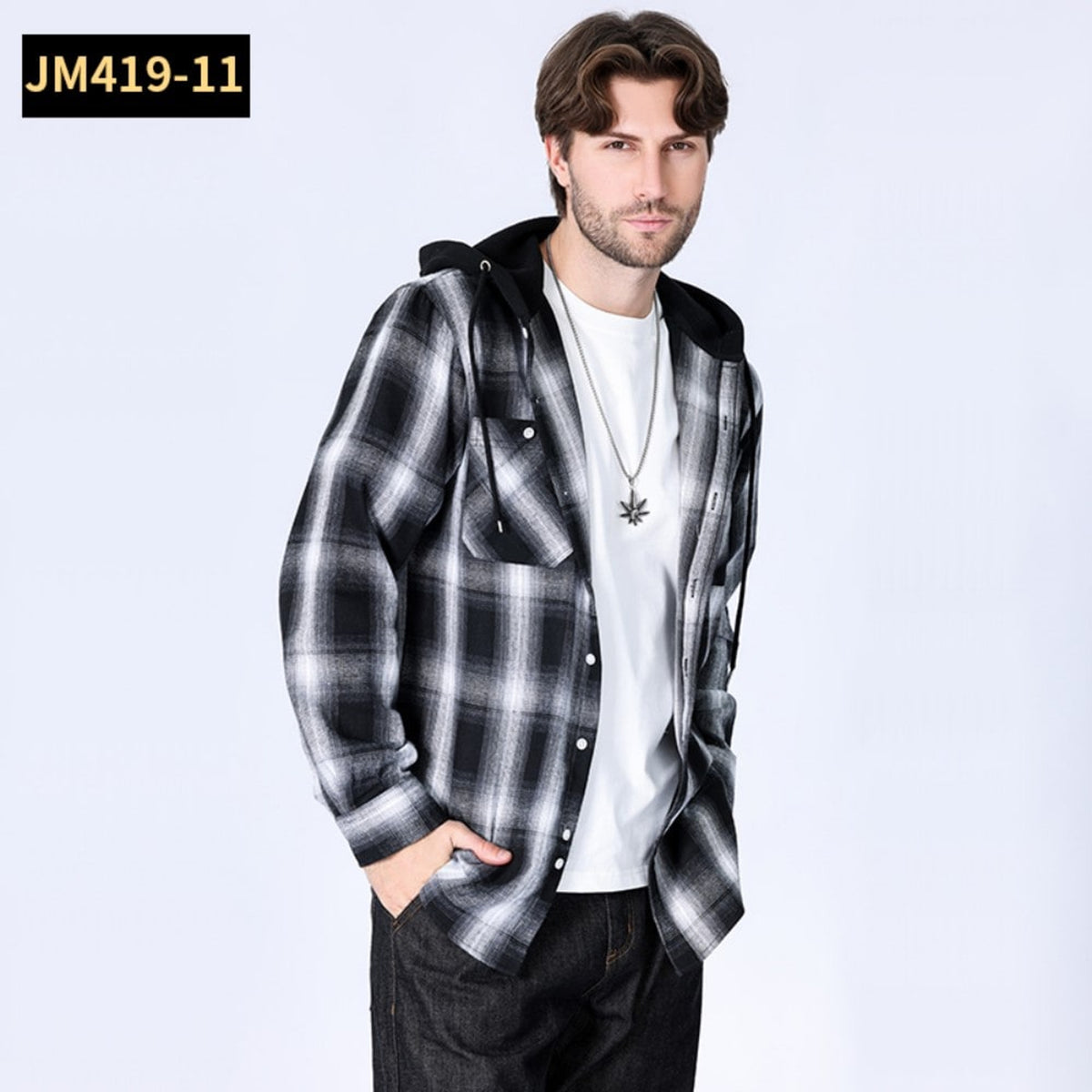 Men Shacket with Relaxed Hooded Button-Down and Plaid Pattern - Image 4