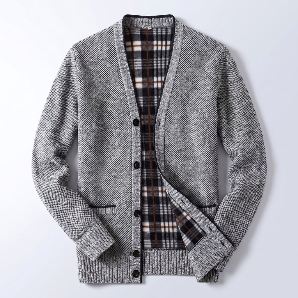 Men's Cardigan Sweater Knit Button-Up Plaid Lining Ribbed Cuffs - Image 1
