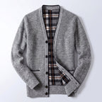 Men's Cardigan Sweater Knit Button-Up Plaid Lining Ribbed Cuffs - Image 1
