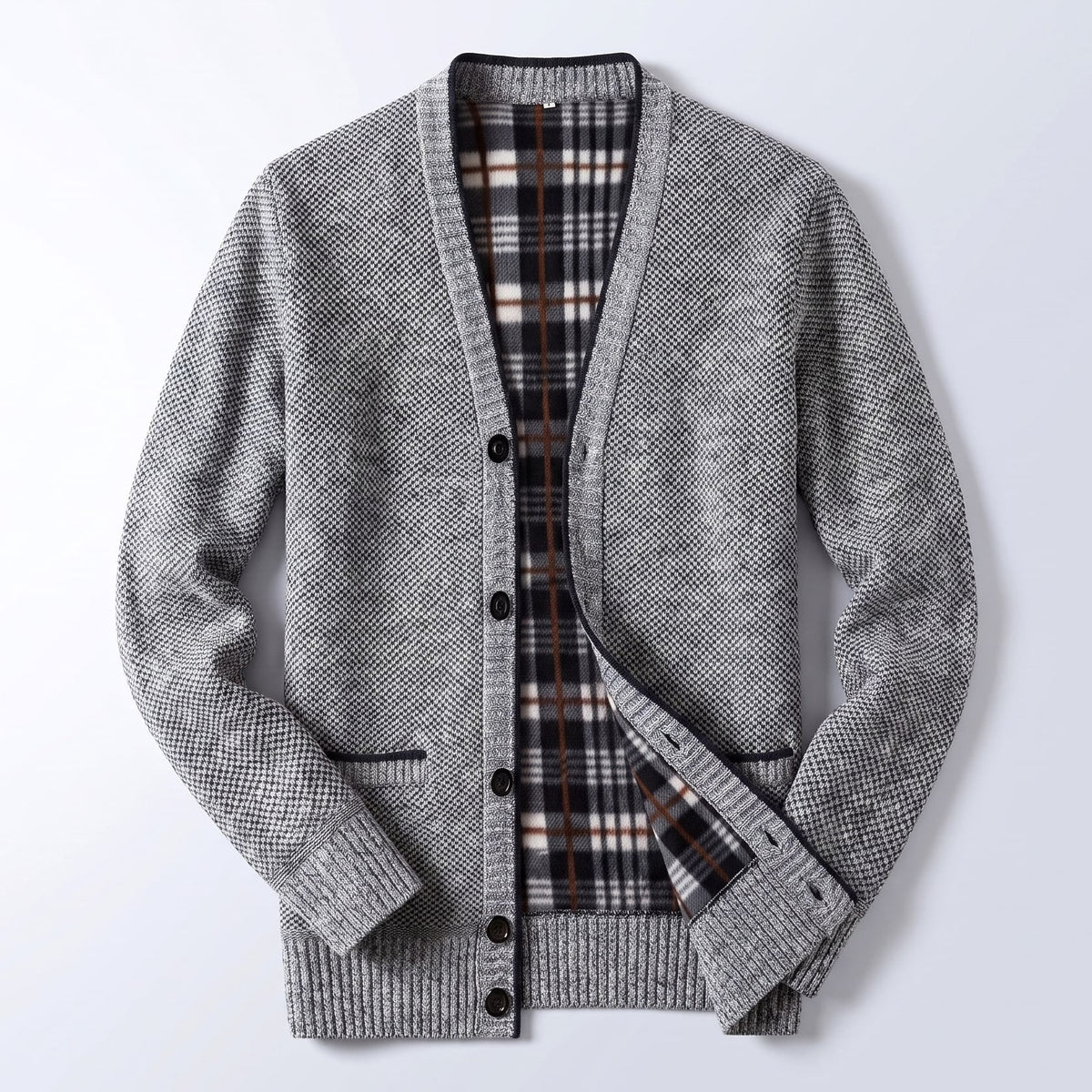 Men's Cardigan Sweater Knit Button-Up Plaid Lining Ribbed Cuffs - Image 1