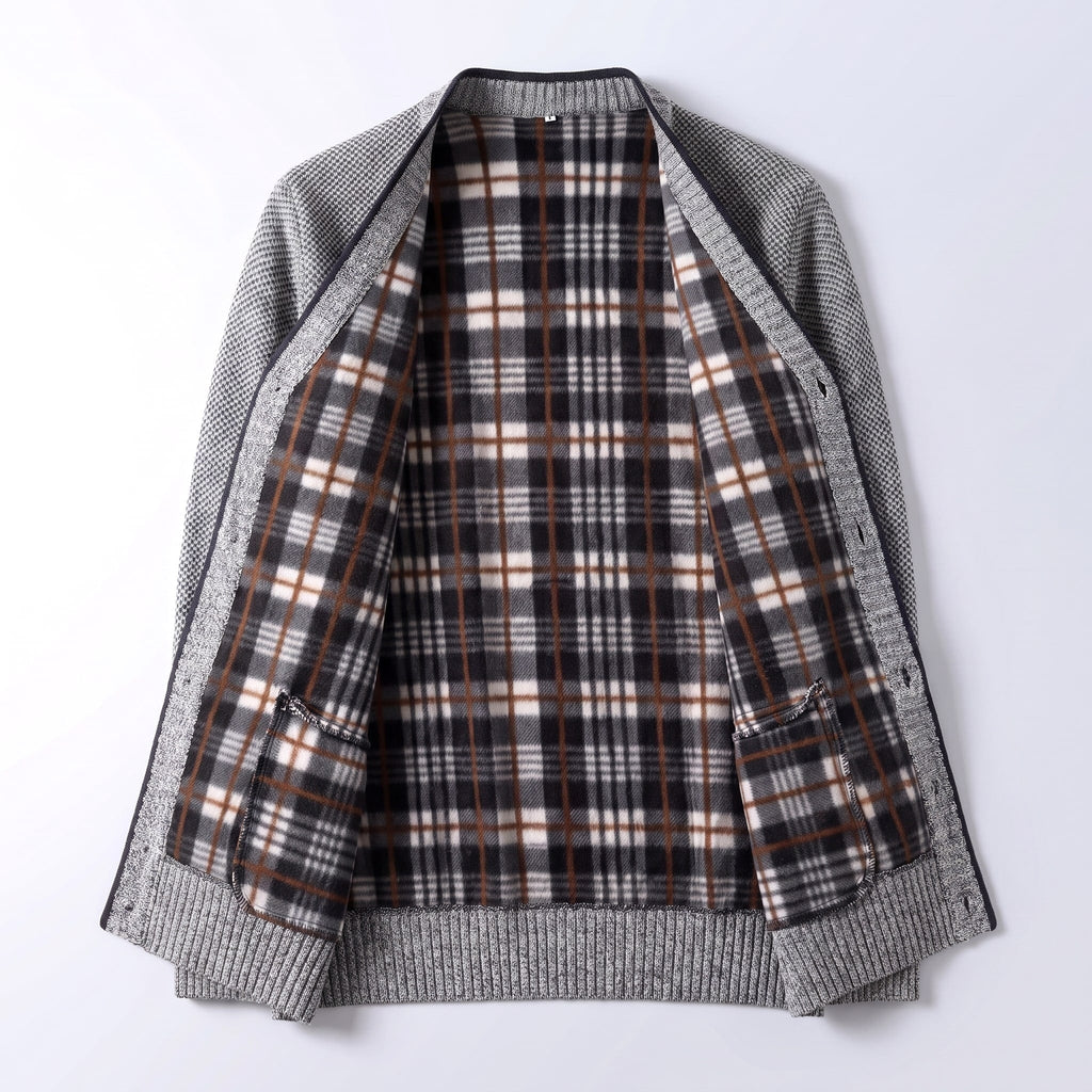 Men's Cardigan Sweater Knit Button-Up Plaid Lining Ribbed Cuffs - Image 2