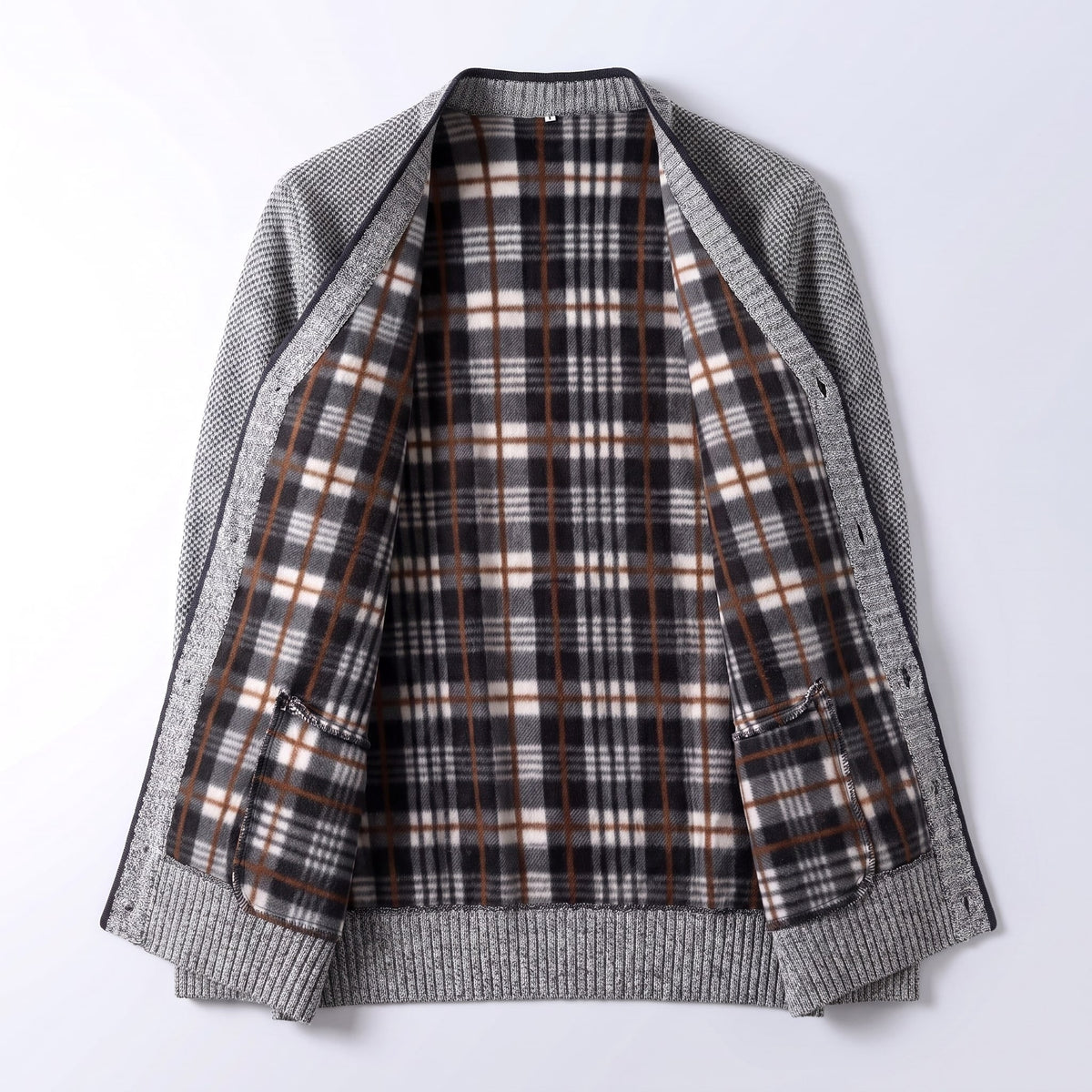 Men's Cardigan Sweater Knit Button-Up Plaid Lining Ribbed Cuffs - Image 2