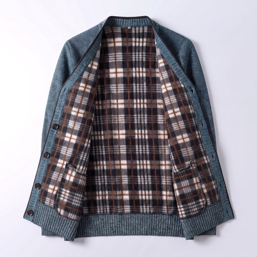 Men's Cardigan Sweater Knit Button-Up Plaid Lining Ribbed Cuffs - Image 4