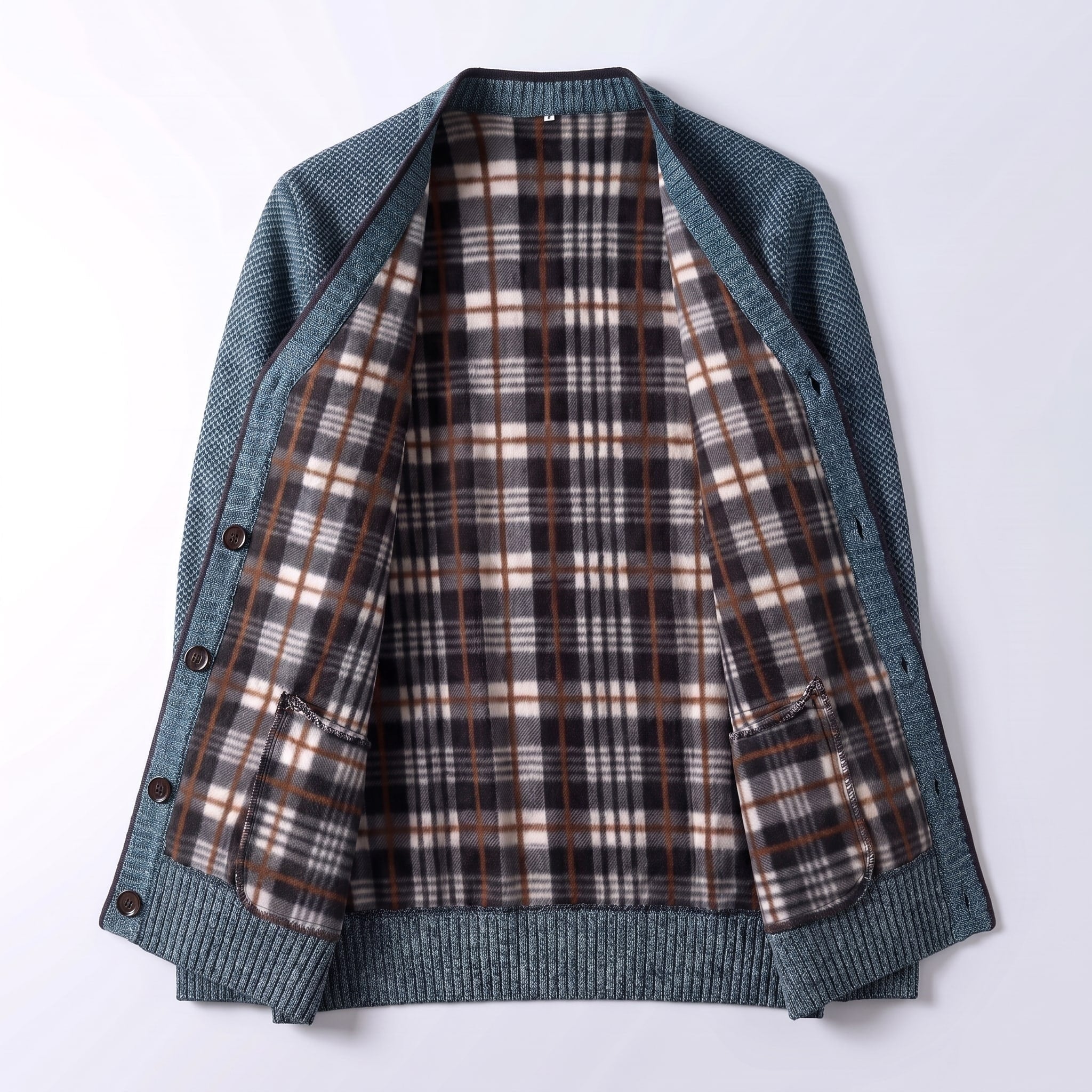Men's Cardigan Sweater Knit Button-Up Plaid Lining Ribbed Cuffs - Image 4