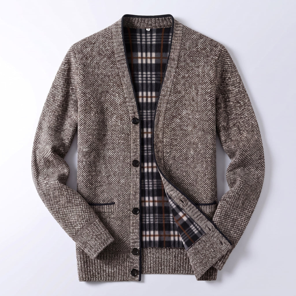 Men's Cardigan Sweater Knit Button-Up Plaid Lining Ribbed Cuffs - Image 5