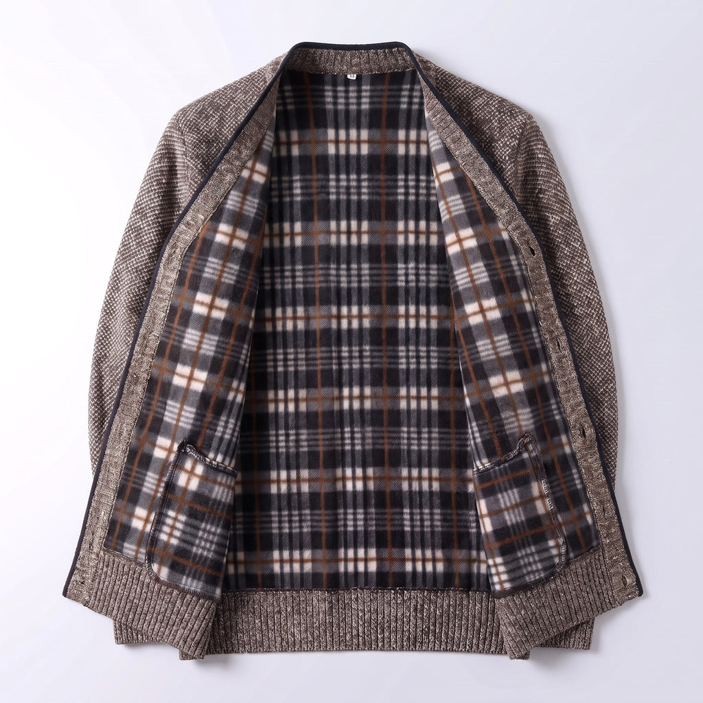 Men's Cardigan Sweater Knit Button-Up Plaid Lining Ribbed Cuffs - Image 6