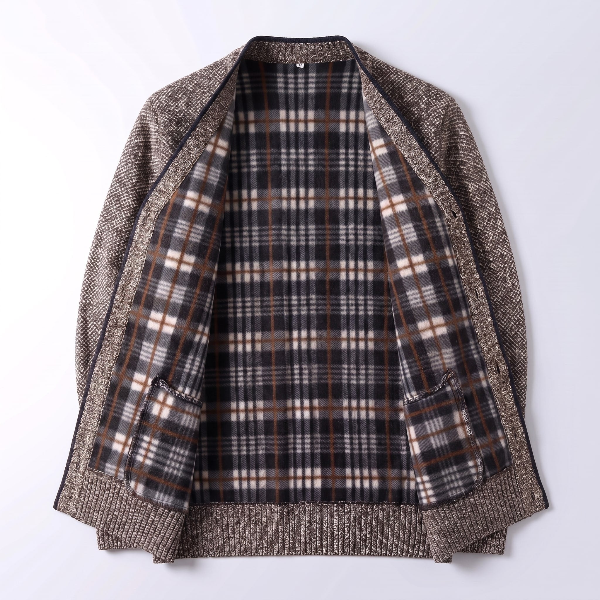 Men's Cardigan Sweater Knit Button-Up Plaid Lining Ribbed Cuffs - Image 6
