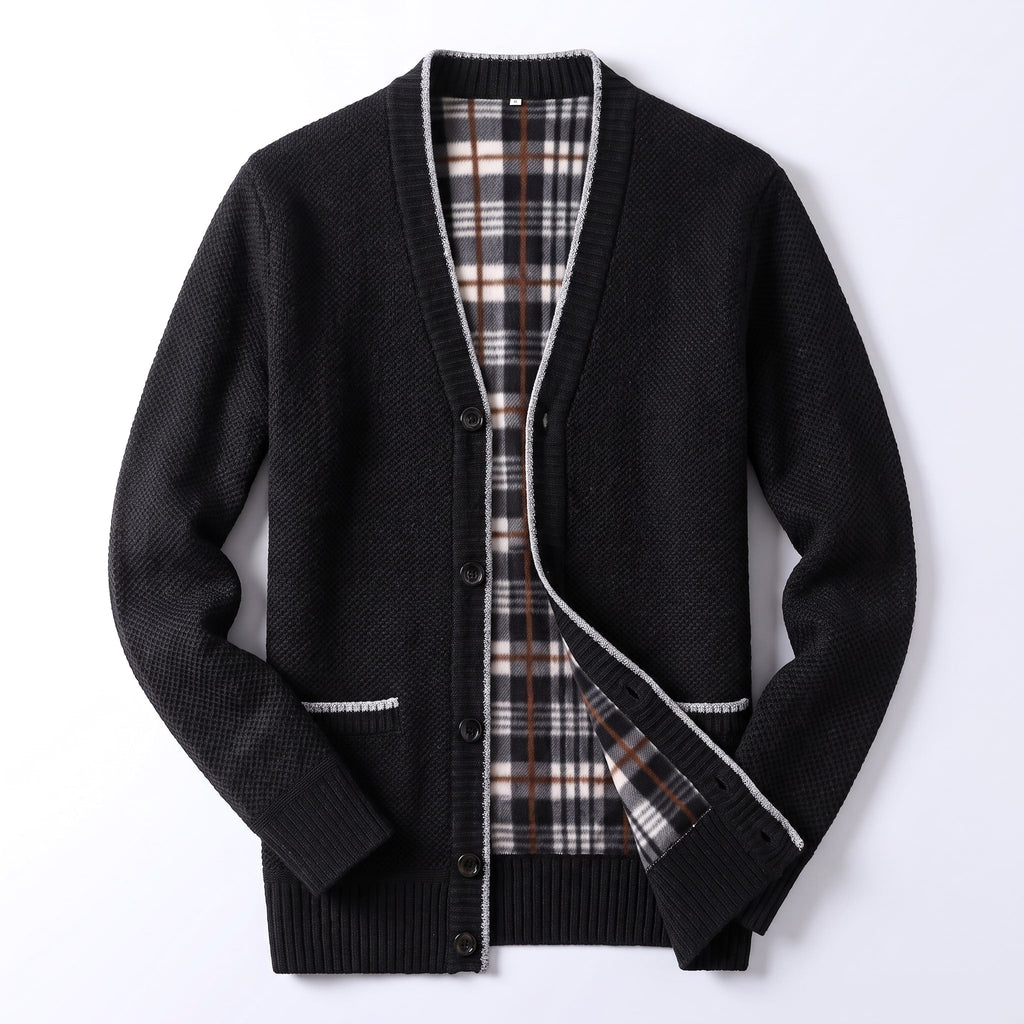 Men's Cardigan Sweater Knit Button-Up Plaid Lining Ribbed Cuffs - Image 7