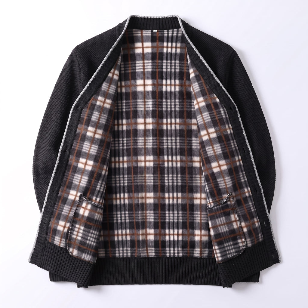 Men's Cardigan Sweater Knit Button-Up Plaid Lining Ribbed Cuffs - Image 8