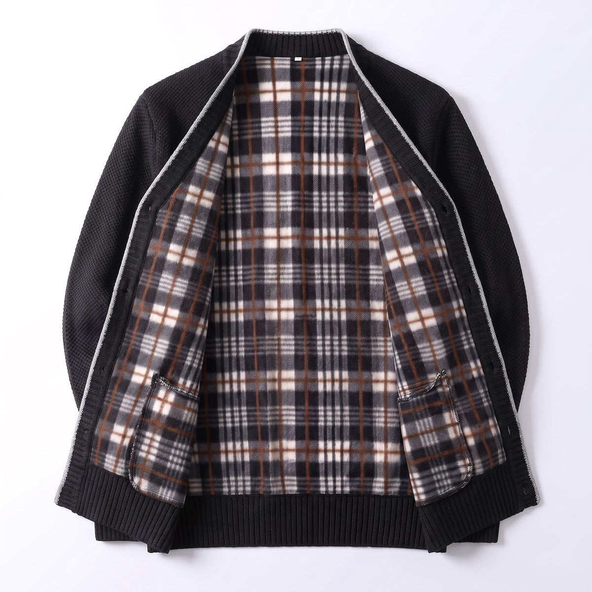 Men's Cardigan Sweater Knit Button-Up Plaid Lining Ribbed Cuffs - Image 8