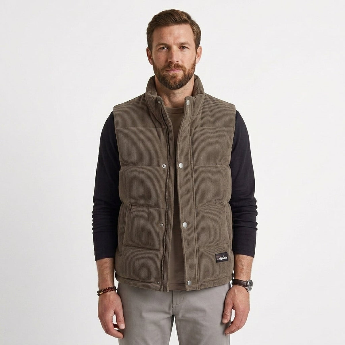 Men's Corduroy Quilted Padded Vest Gilet With Stand Collar - Image 1
