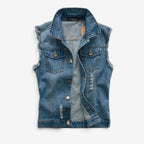 Men's Denim Vest Tailored Fit Button Closure Distressed Details - Image 2