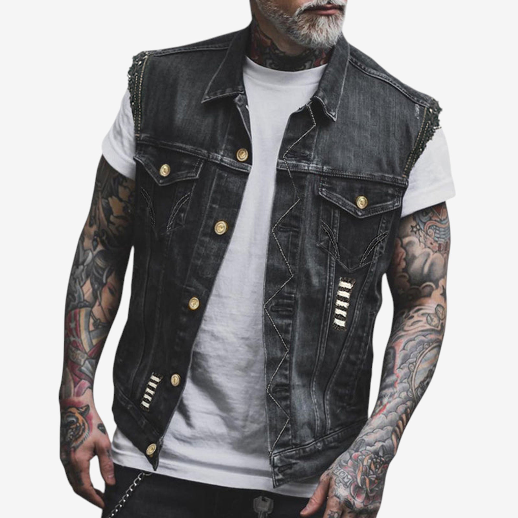 Men's Denim Vest Tailored Fit Button Closure Distressed Details - Image 1