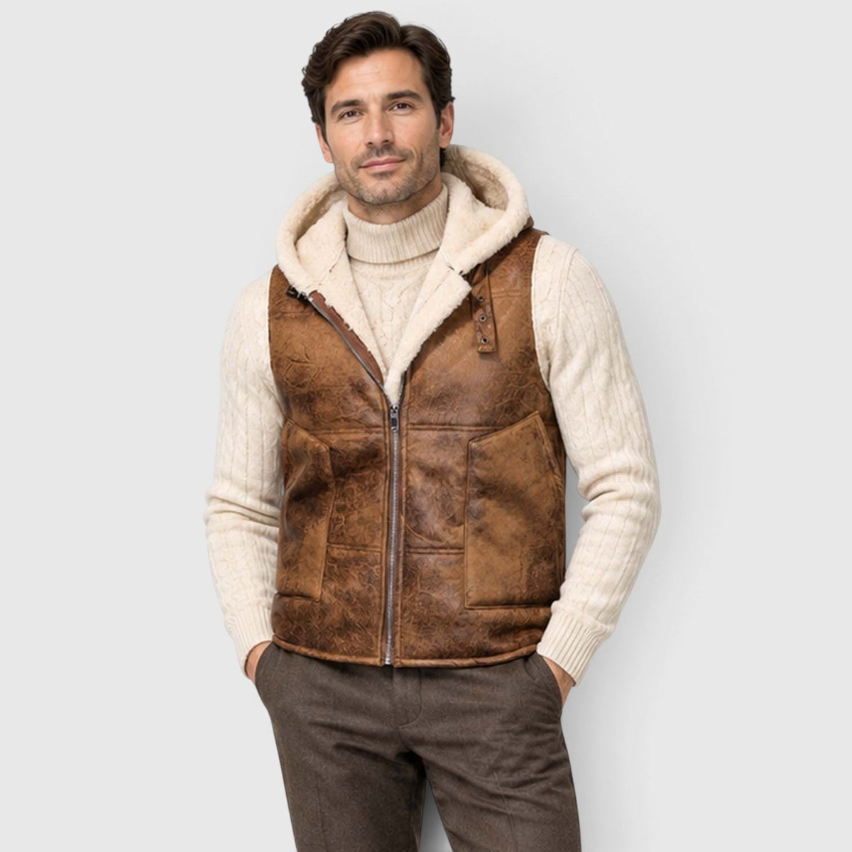 Men's Faux Fur-Lined Hooded Vest Thickened Windproof Gilet - Image 1