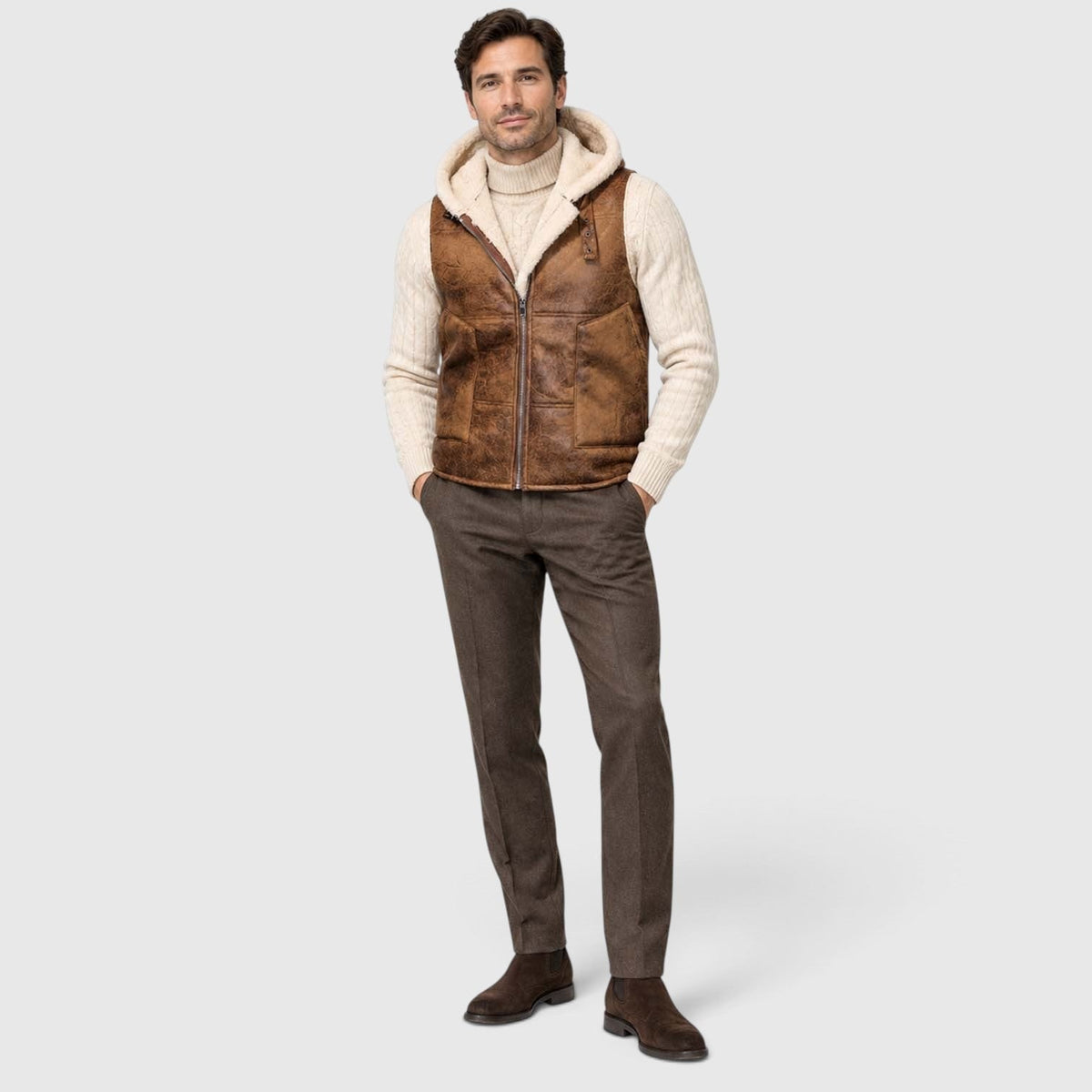 Men's Faux Fur-Lined Hooded Vest Thickened Windproof Gilet - Image 3