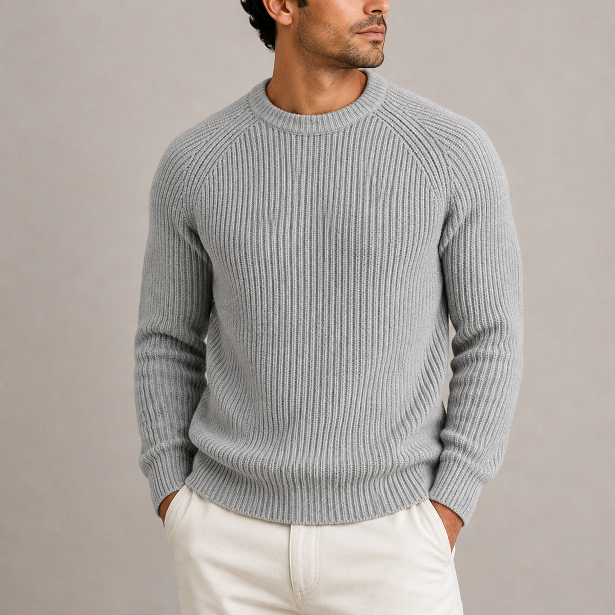 Men's Fisherman Rib Knit Sweater with Raglan Shoulders and Neckline - Image 1