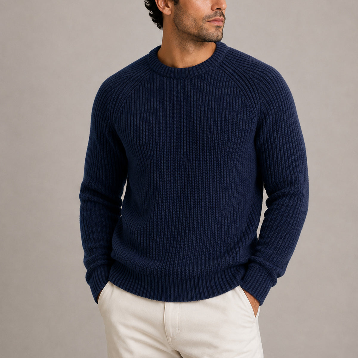 Men's Fisherman Rib Knit Sweater with Raglan Shoulders and Neckline - Image 2