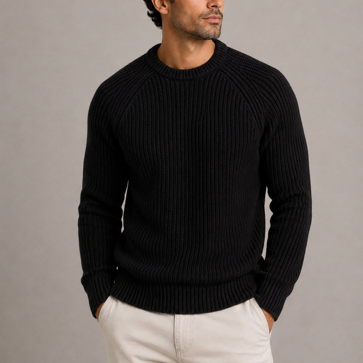 Men's Fisherman Rib Knit Sweater with Raglan Shoulders and Neckline - Image 3
