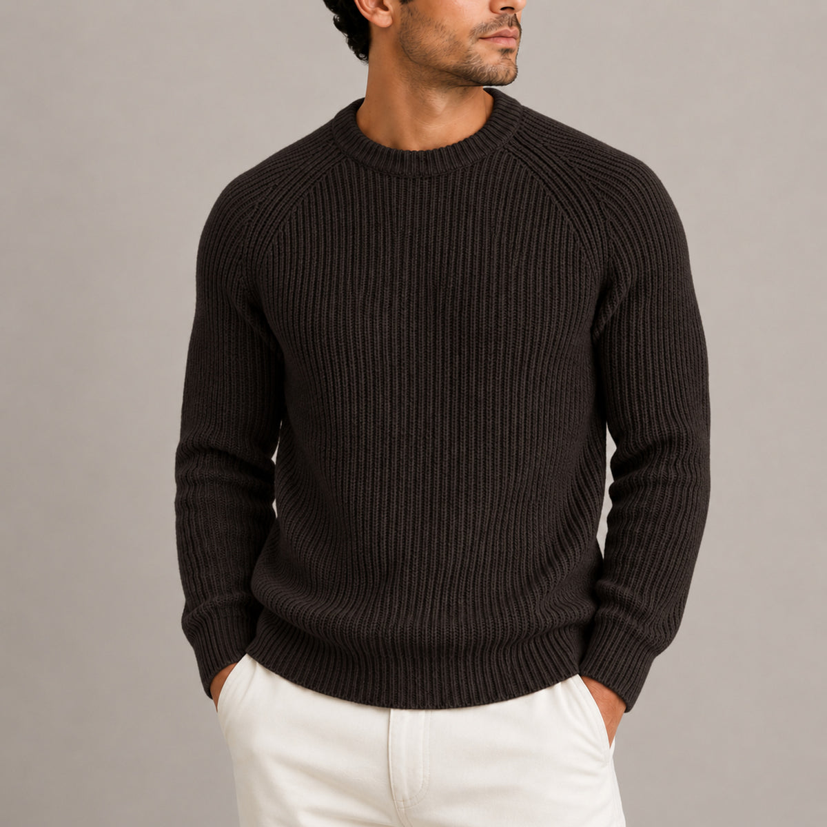 Men's Fisherman Rib Knit Sweater with Raglan Shoulders and Neckline - Image 5