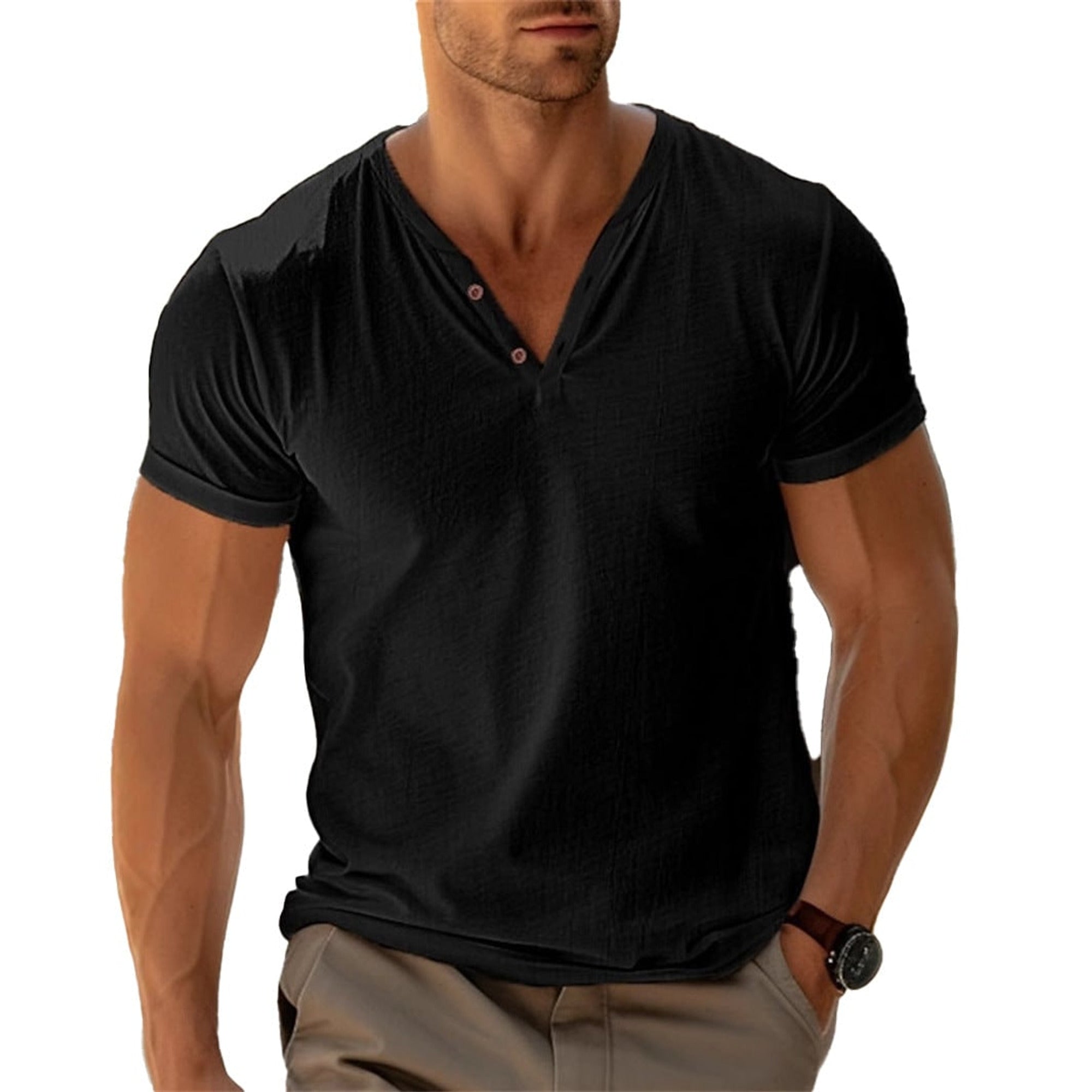 Men's Henley Shirt with Relaxed Fit and Short Sleeve - Image 2