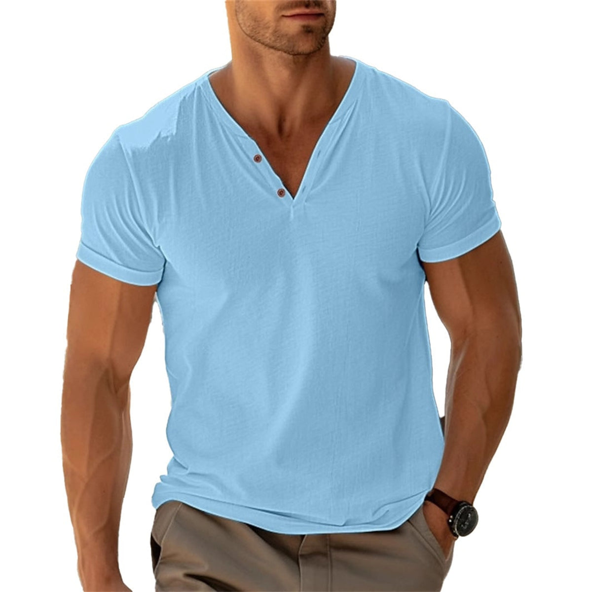 Men's Henley Shirt with Relaxed Fit and Short Sleeve - Image 3