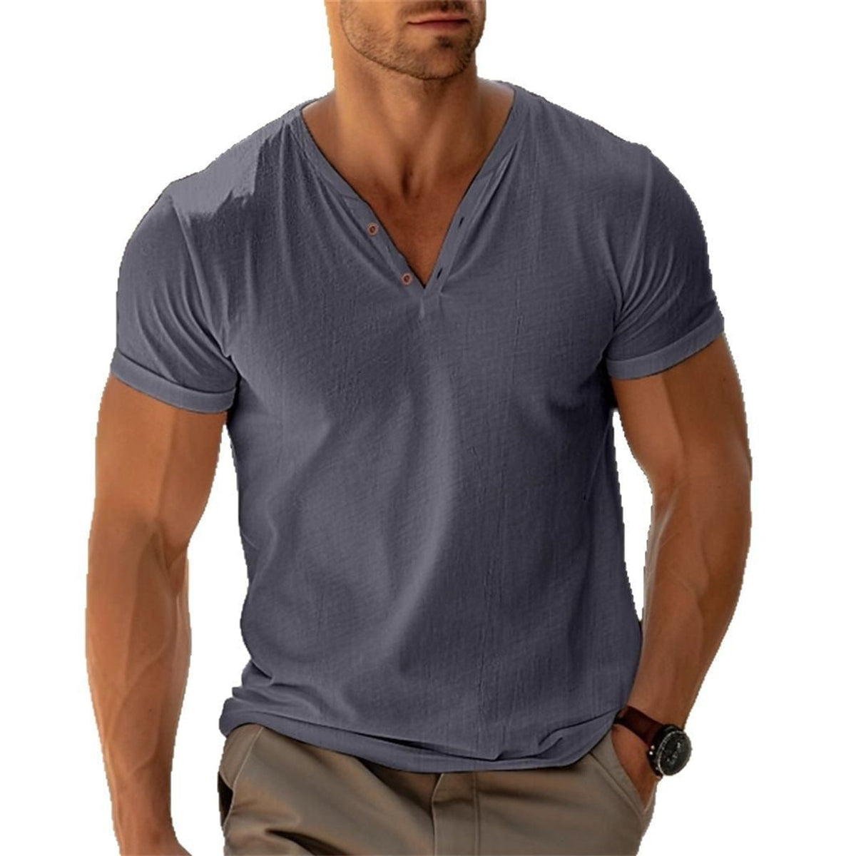 Men's Henley Shirt with Relaxed Fit and Short Sleeve - Image 4