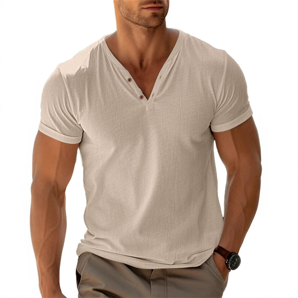 Men's Henley Shirt with Relaxed Fit and Short Sleeve - Image 5
