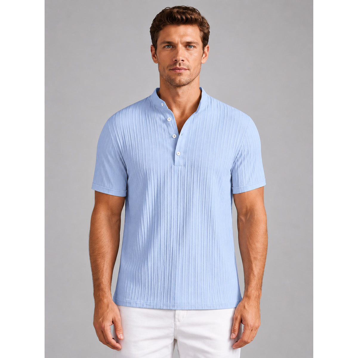Men's Henley Shirt with Relaxed Ribbed Fit and Short Sleeves - Image 1