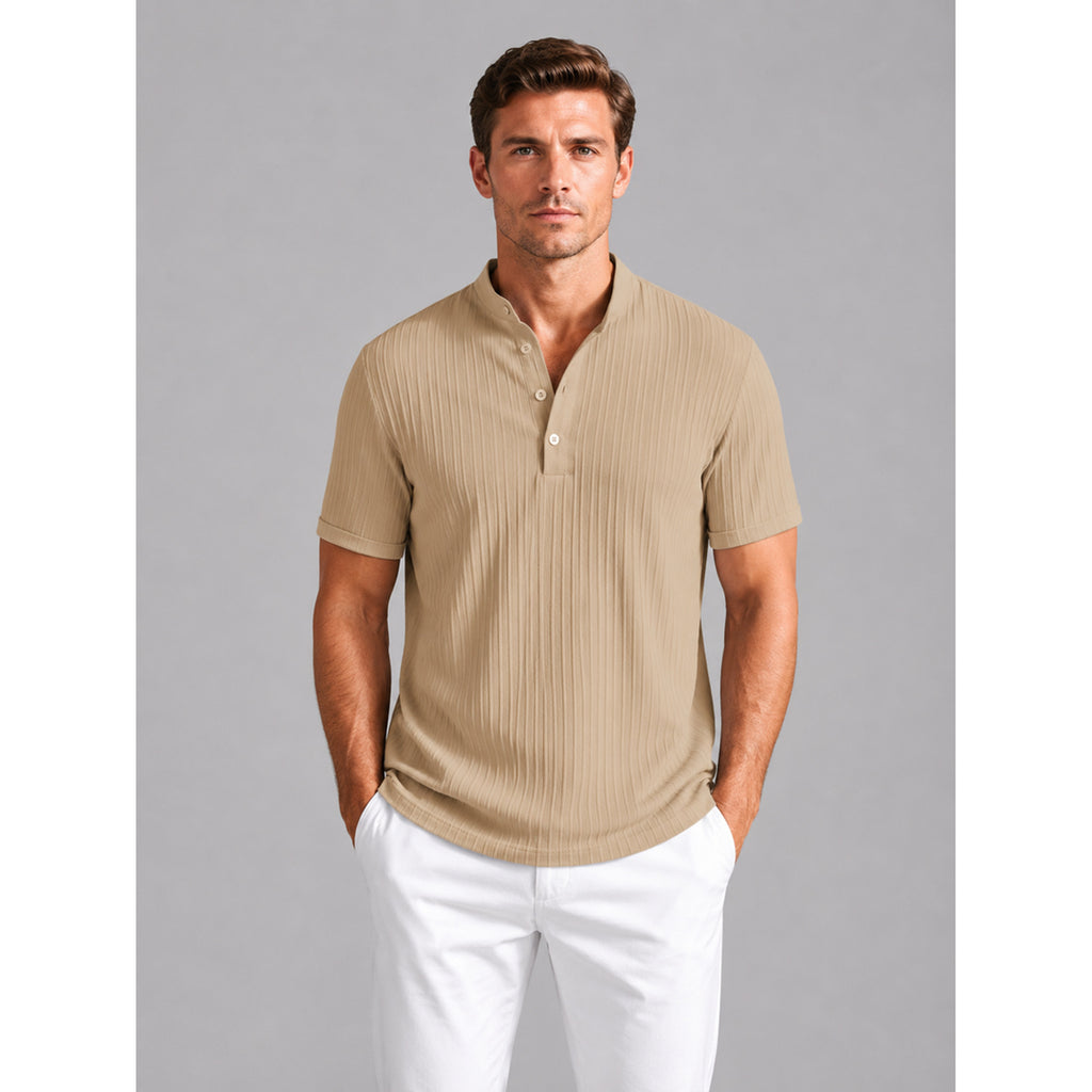 Men's Henley Shirt with Relaxed Ribbed Fit and Short Sleeves - Image 5