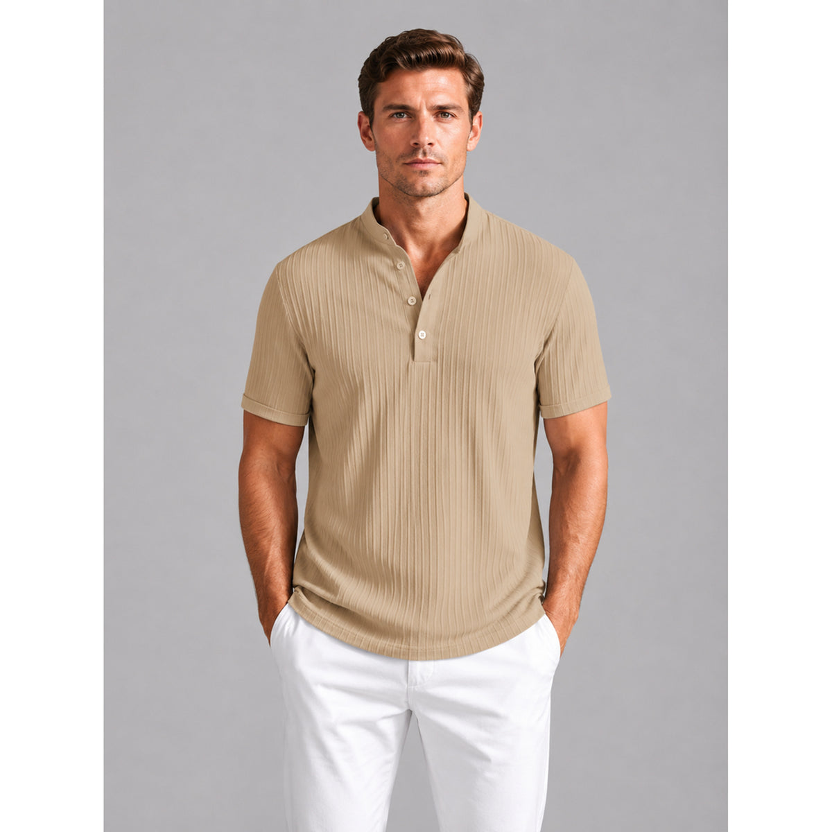 Men's Henley Shirt with Relaxed Ribbed Fit and Short Sleeves - Image 5