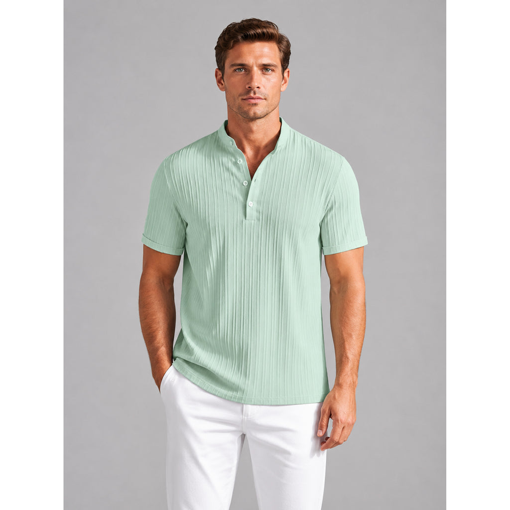 Men's Henley Shirt with Relaxed Ribbed Fit and Short Sleeves - Image 4