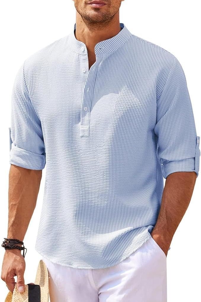 Men's Henley Shirt with Relaxed Textured Fit and Button-Front - Image 2