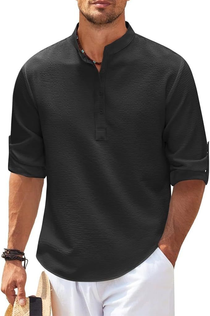 Men's Henley Shirt with Relaxed Textured Fit and Button-Front - Image 3