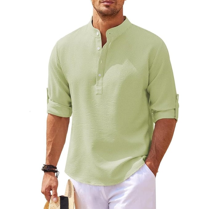 Men's Henley Shirt with Relaxed Textured Fit and Button-Front - Image 5