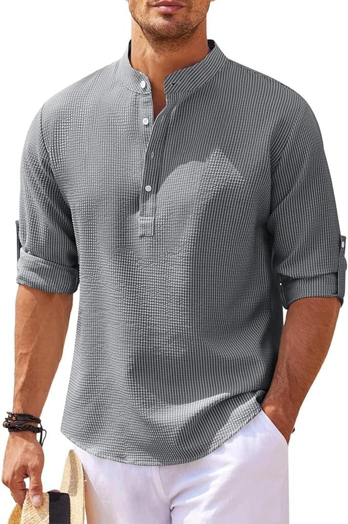 Men's Henley Shirt with Relaxed Textured Fit and Button-Front - Image 6