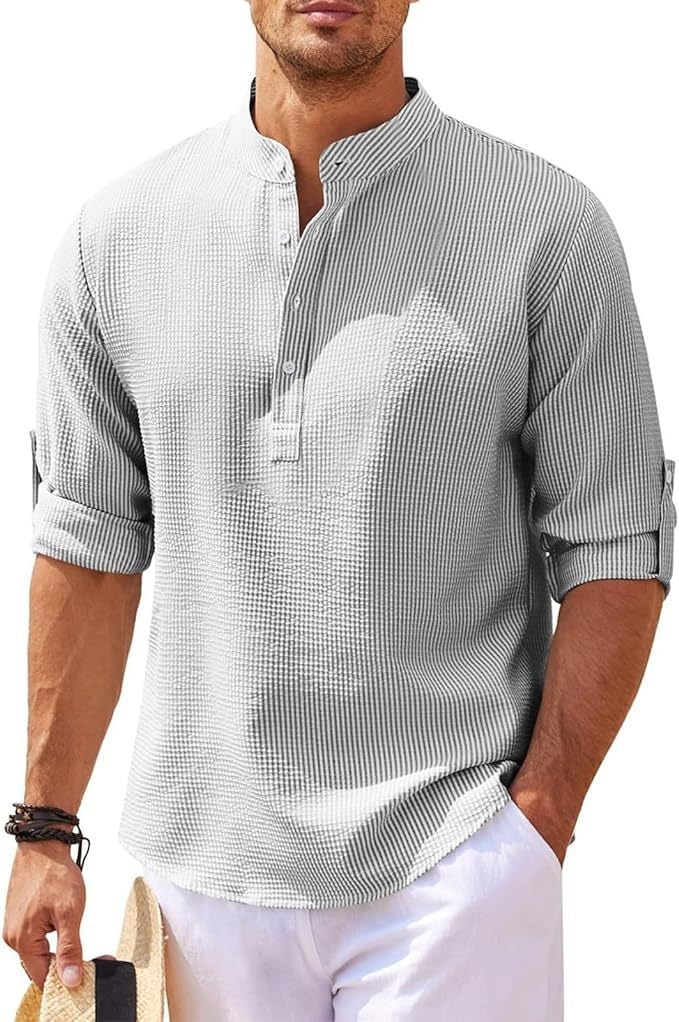 Men's Henley Shirt with Relaxed Textured Fit and Button-Front - Image 7