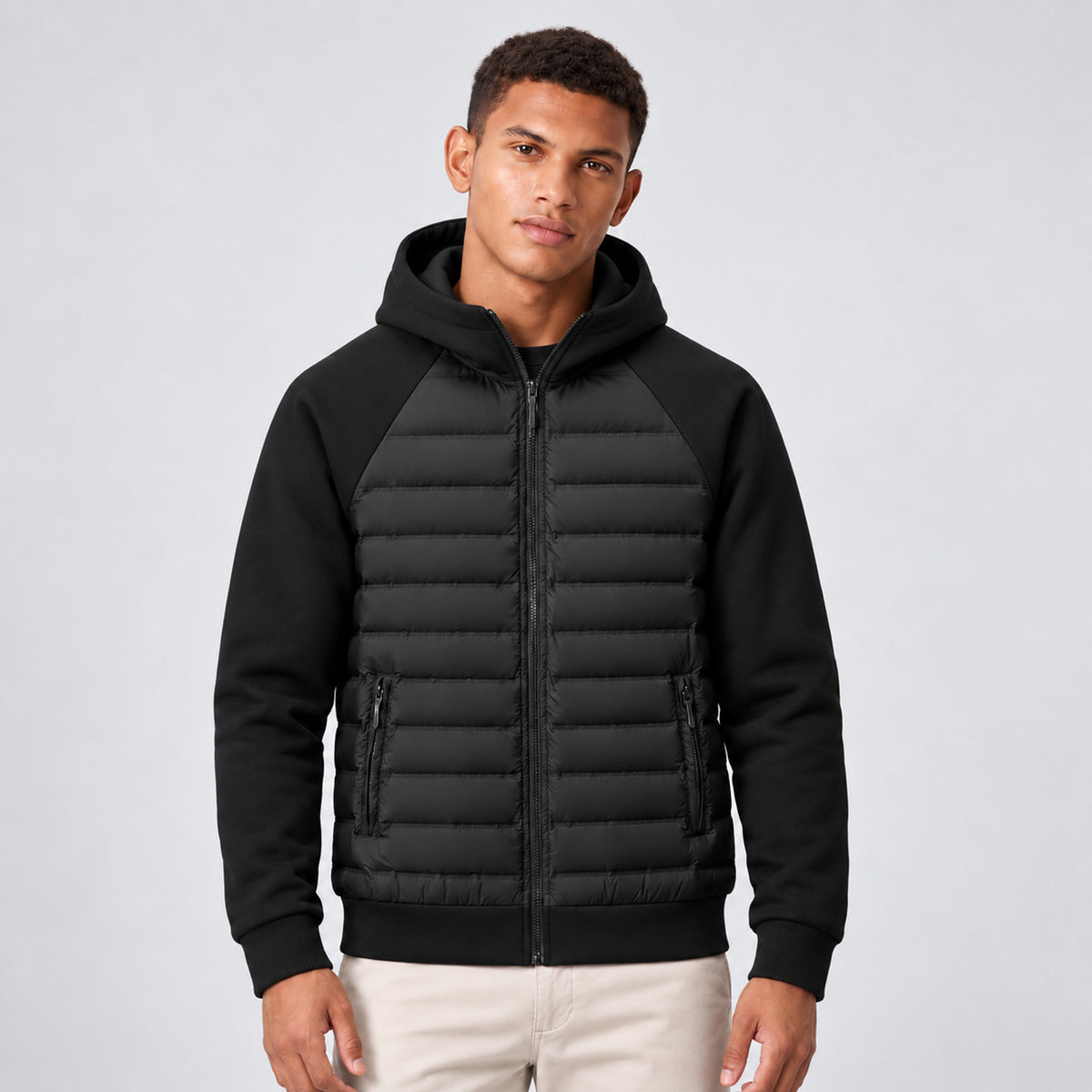 Men's Hooded Down Jacket With Quilted Panels - Image 1